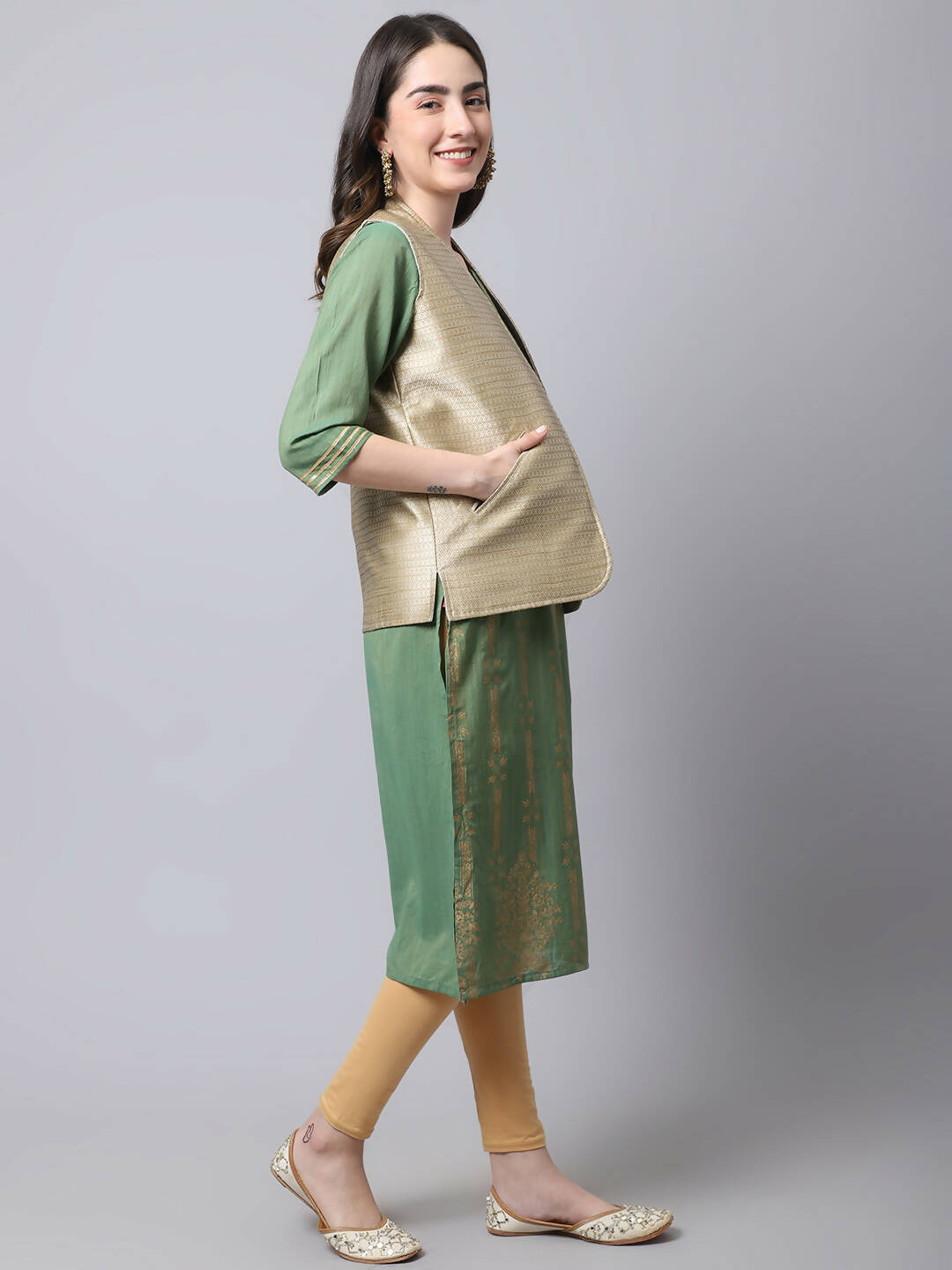 Even Apparels Beige Bansari Silk Open Front Gillet | Grocsy