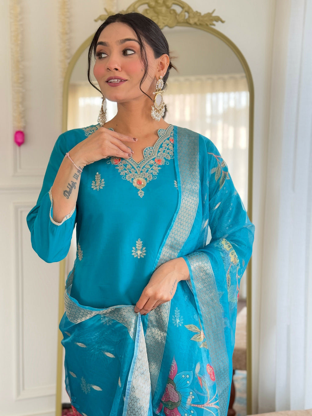 The52 Blue Women's Gorgeous Viscose Fabric Embroidered Work Straight Kurta, Pant and Dupatta Set | Grocsy