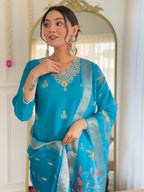 The52 Blue Women's Gorgeous Viscose Fabric Embroidered Work Straight Kurta, Pant and Dupatta Set | Grocsy