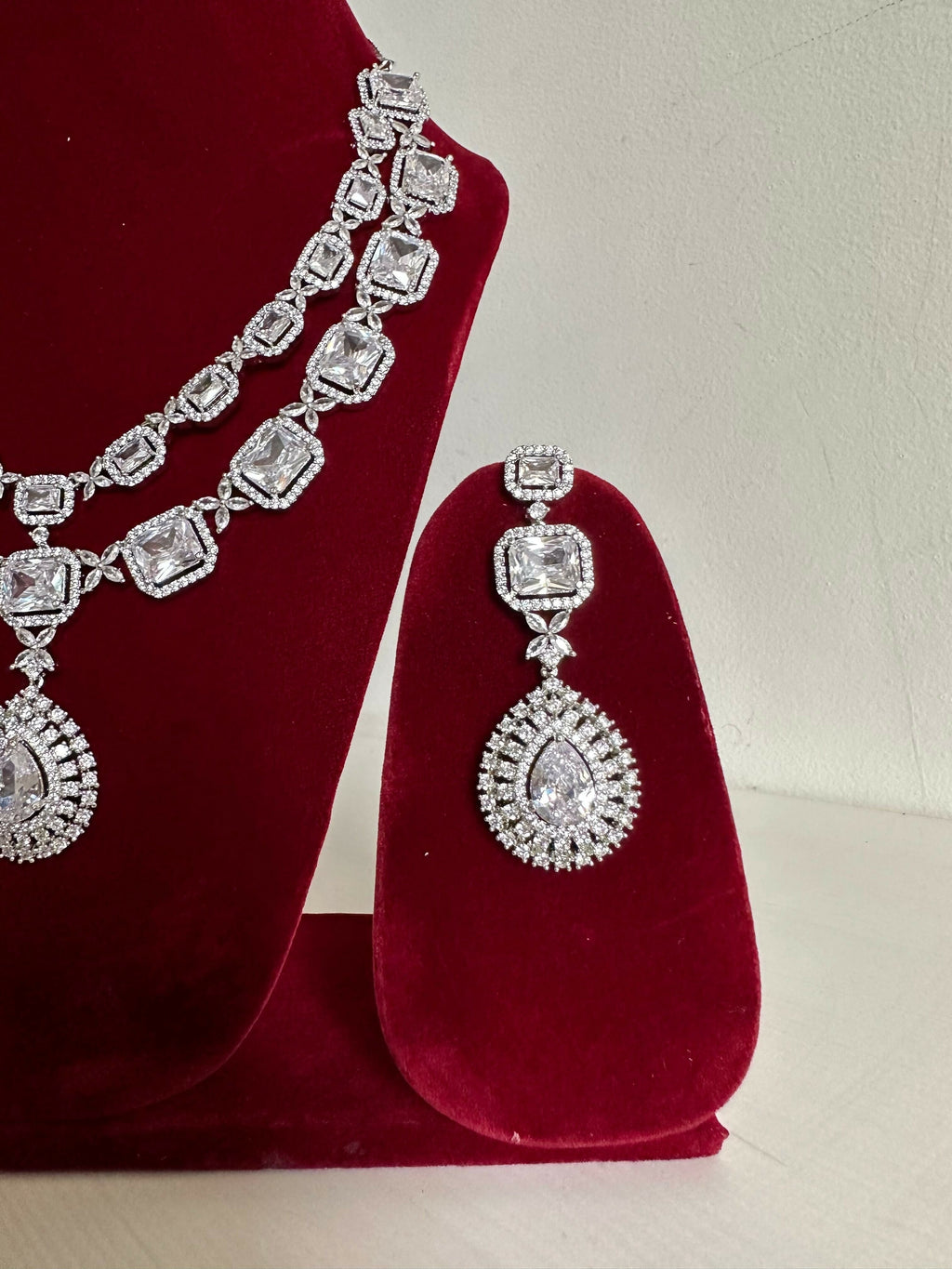 Siver American Diamond Two Layer Elegent Necklace Set With Earrings By House of Ree - Swadesiicart