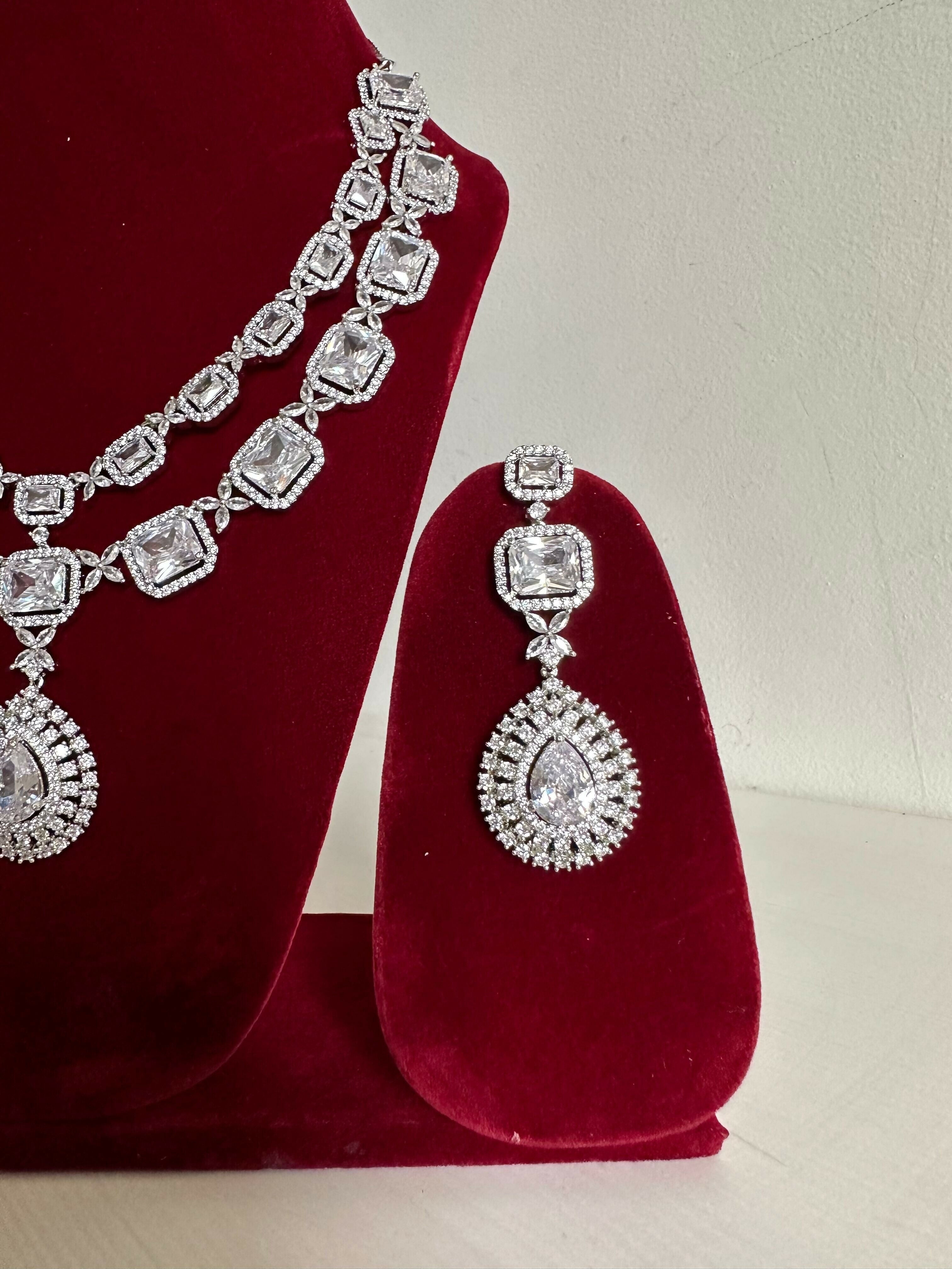 Siver American Diamond Two Layer Elegent Necklace Set With Earrings By House of Ree - Swadesiicart