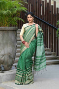 Beatitude Green Cotton Stripes Border Handloom Saree | Grocsy