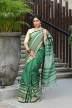 Beatitude Green Cotton Stripes Border Handloom Saree | Grocsy