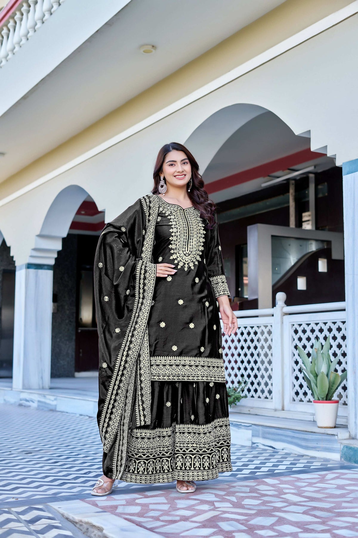 Teeya Creation Black Color Chinon Silk Heavy Embroidery Work Wedding Wear Sharara | Grocsy