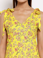 Myshka Women's Yellow Cotton Printed Sleeveless V Neck Casual Dress | Grocsy
