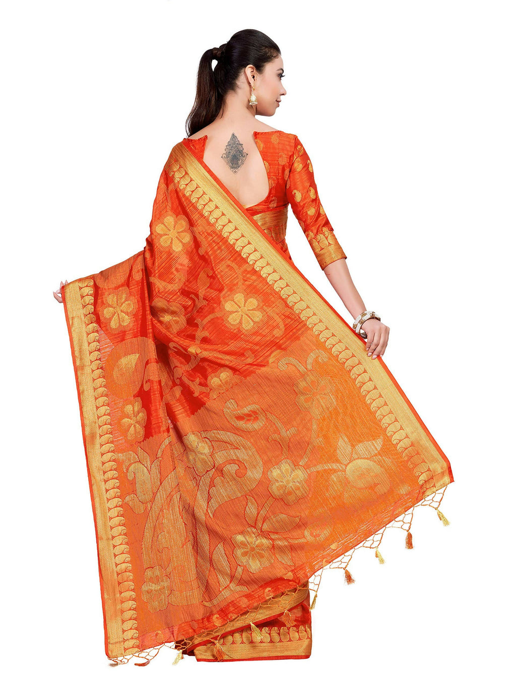 Mimosa Women's Kanchipuram Art Silk Orange Saree | Grocsy