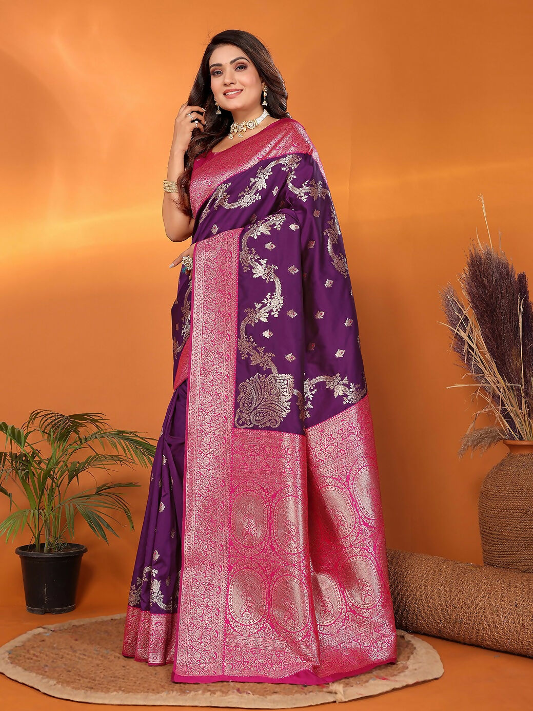 Joban Fashion Banarasi Plum Woven Soft Silk Saree | Grocsy