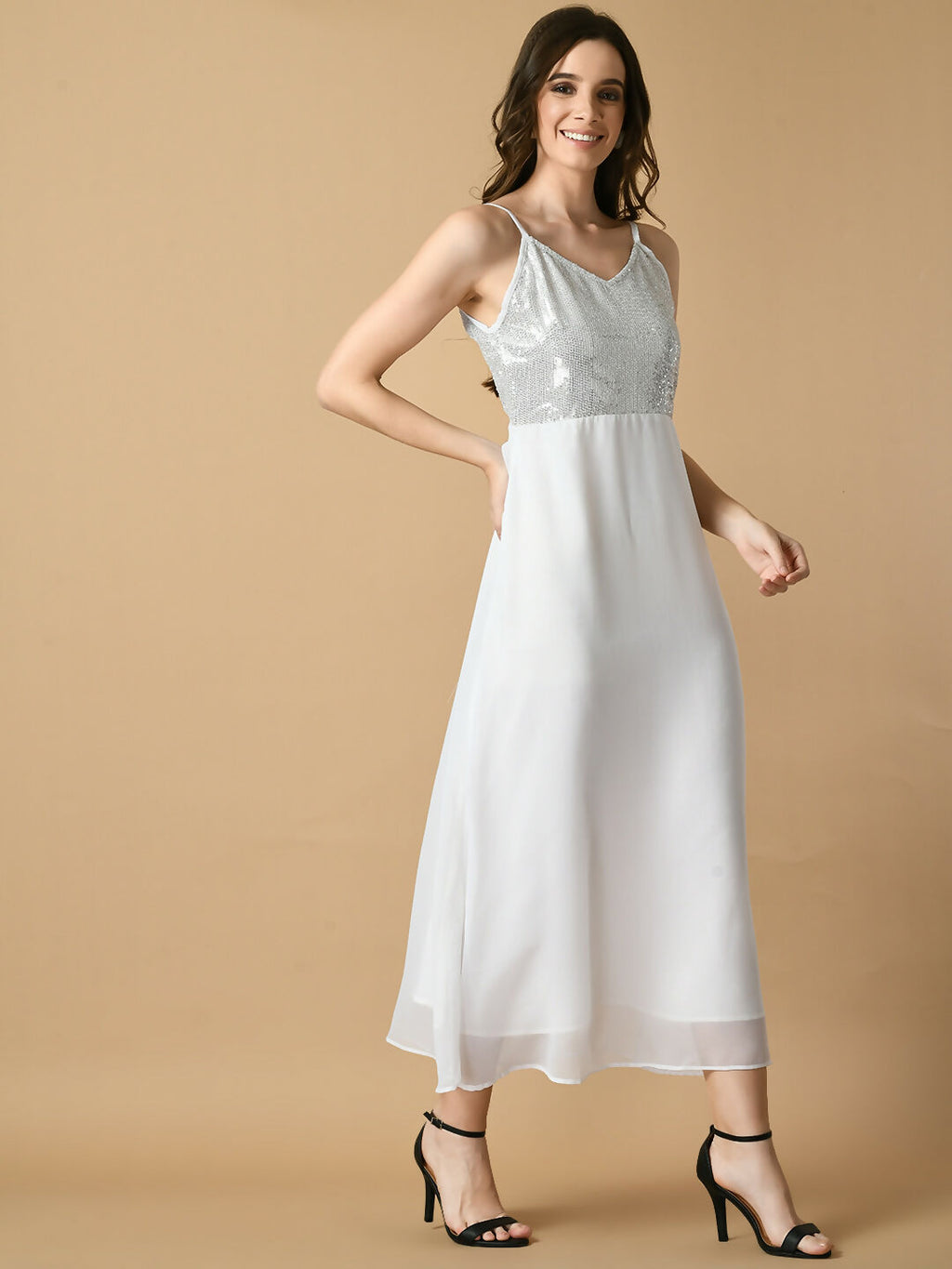 Myshka Women's White Solid Georgette Party Dress | Grocsy