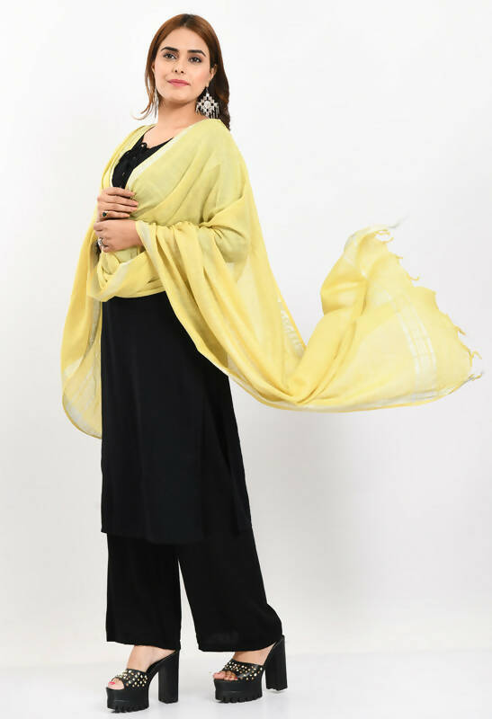 Mominos Fashion Moeza Women's Linen Cotton Silver Border Lemon Yellow Dupatta | Grocsy