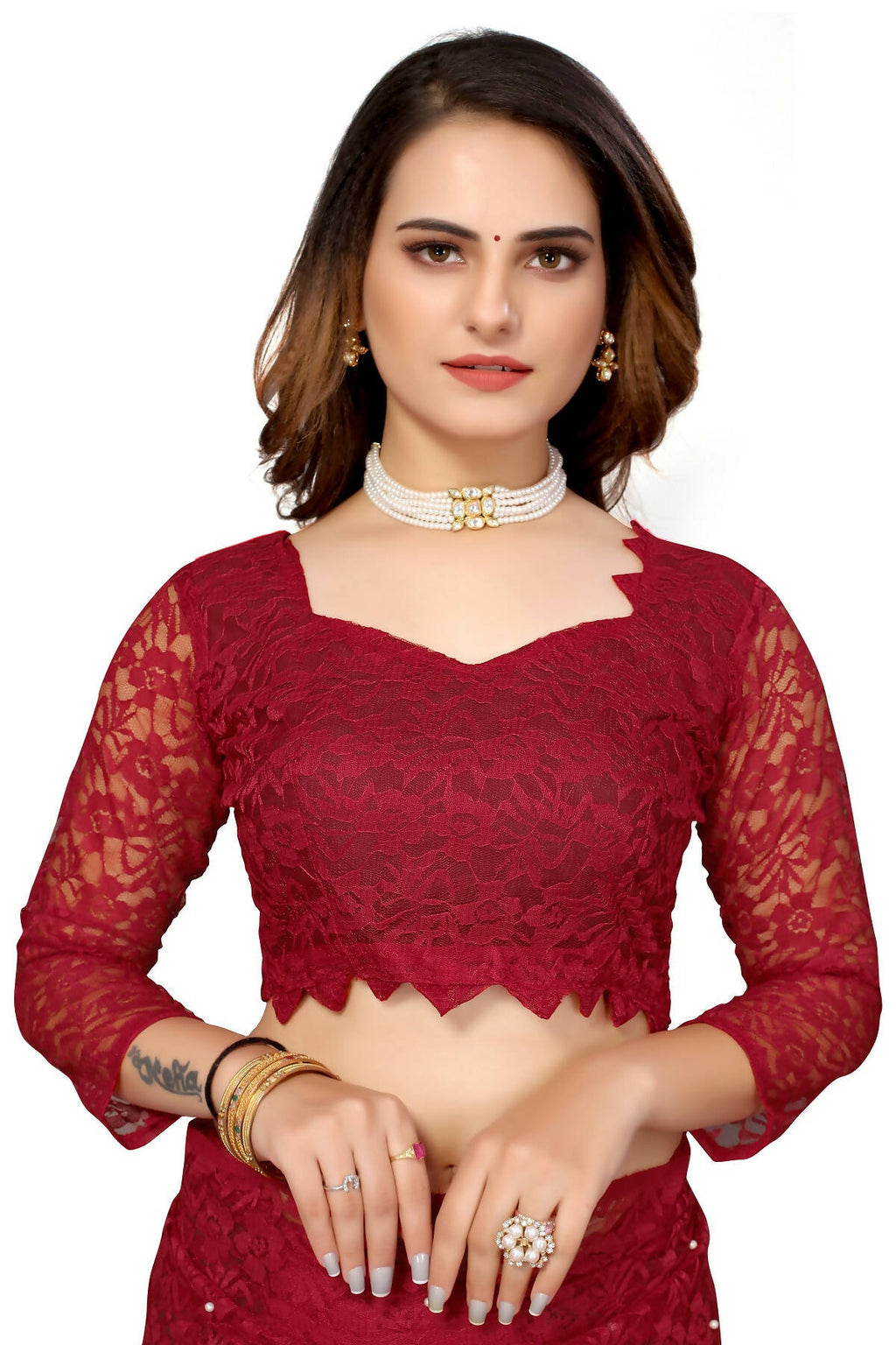 Vamika Maroon Pearls Net Saree | Grocsy