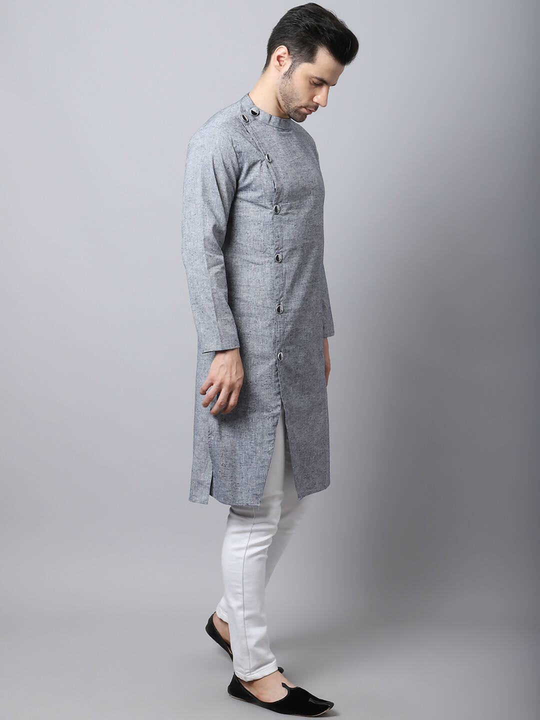Even Apparels Grey Pure Cotton Sherwani Men's Kurta With Asymetrical Cut | Grocsy