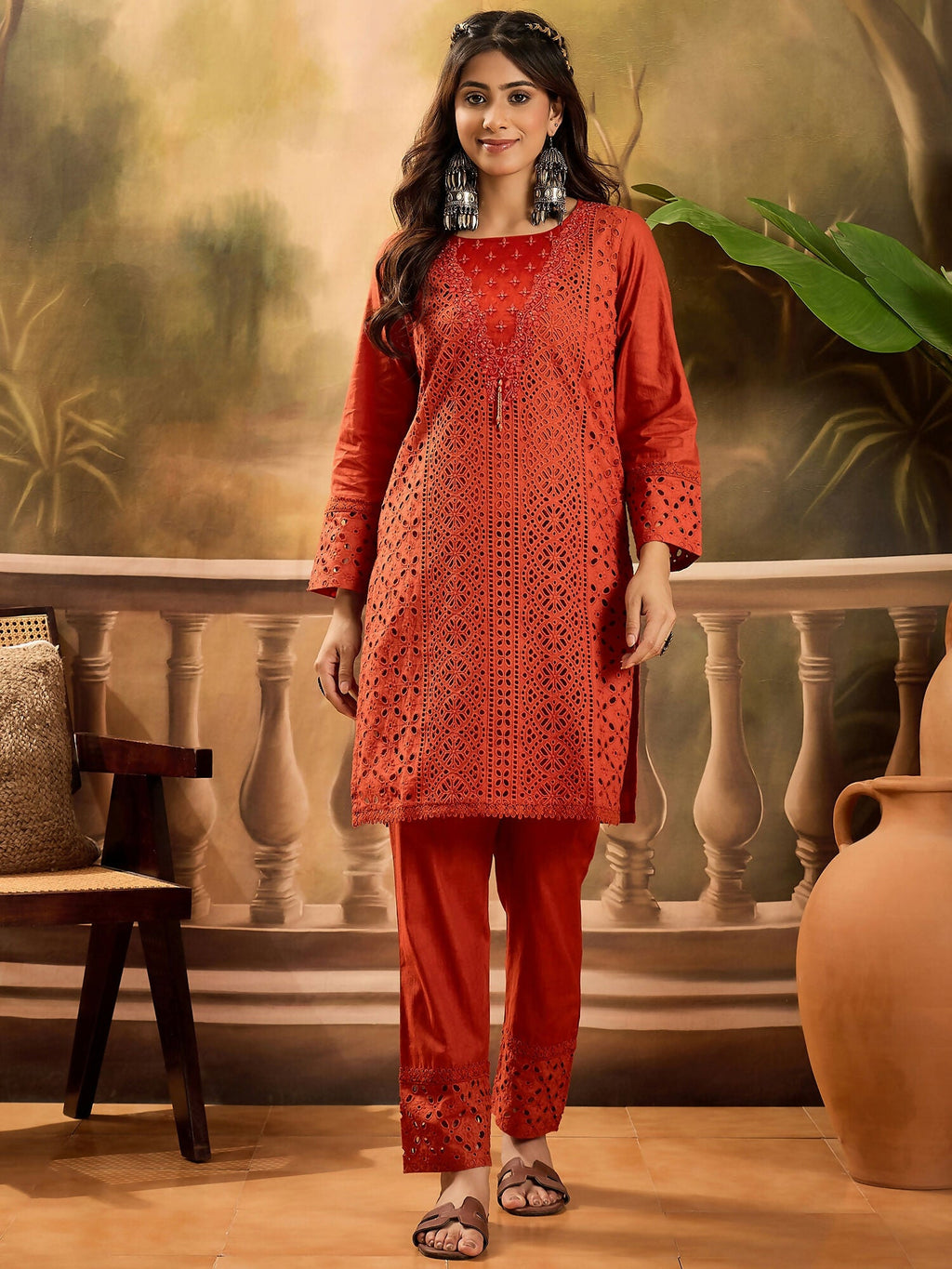 Joban Fashion Embroidery Rust Pure Cotton Cord Set | Grocsy