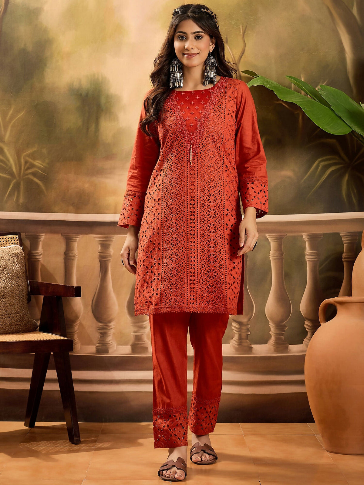 Joban Fashion Embroidery Rust Pure Cotton Cord Set | Grocsy