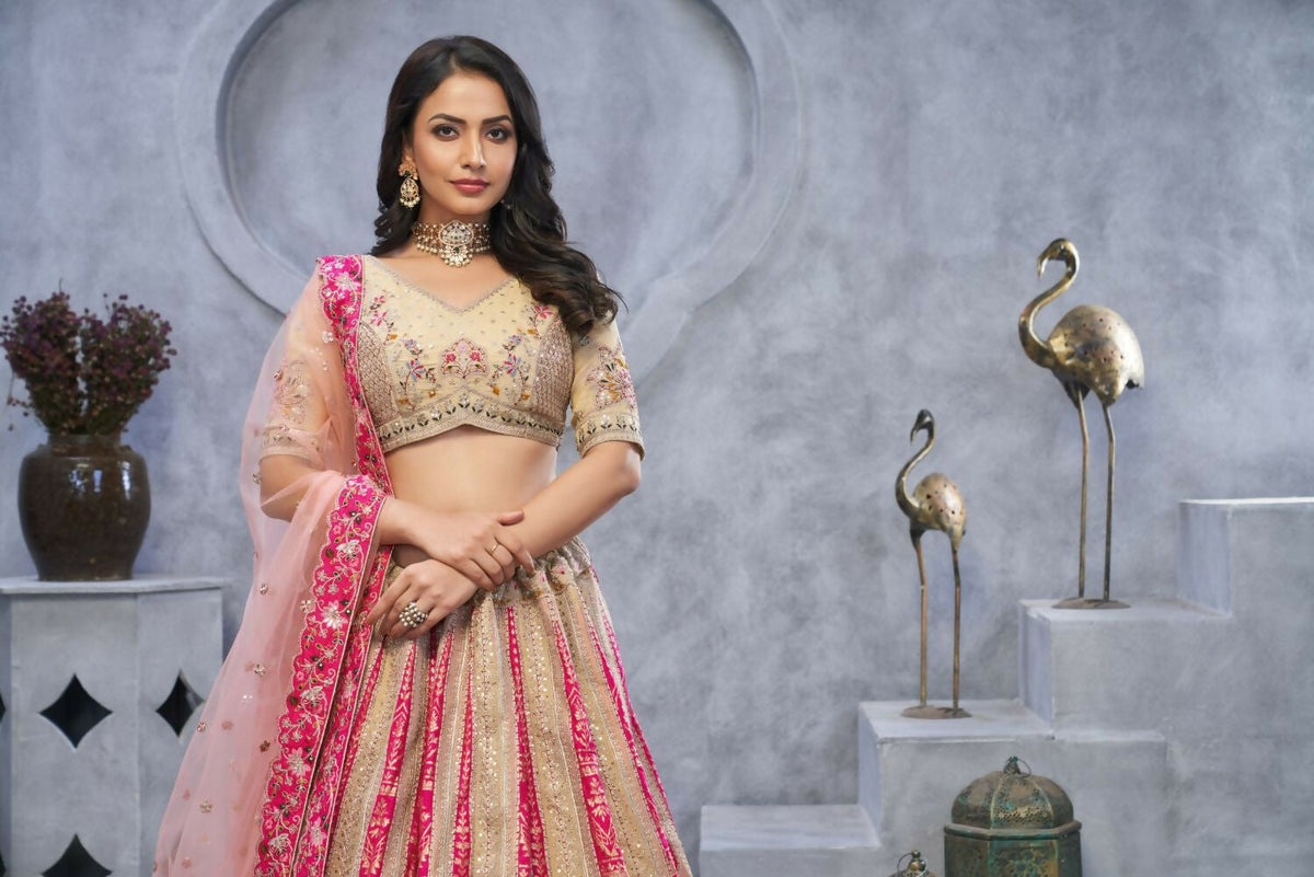 Kesar Fab Chiku Organza Embroidered Lehenga | Grocsy