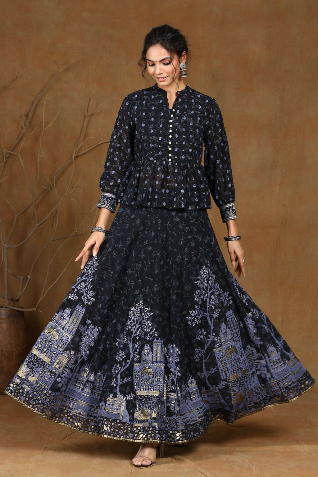Juniper Women Black Georgette Printed Flared Lehenga Choli Sets | Grocsy