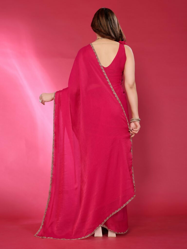 PR Fashion Pink Jimmy Choo Fabric Palin With Work Lace Saree | Grocsy