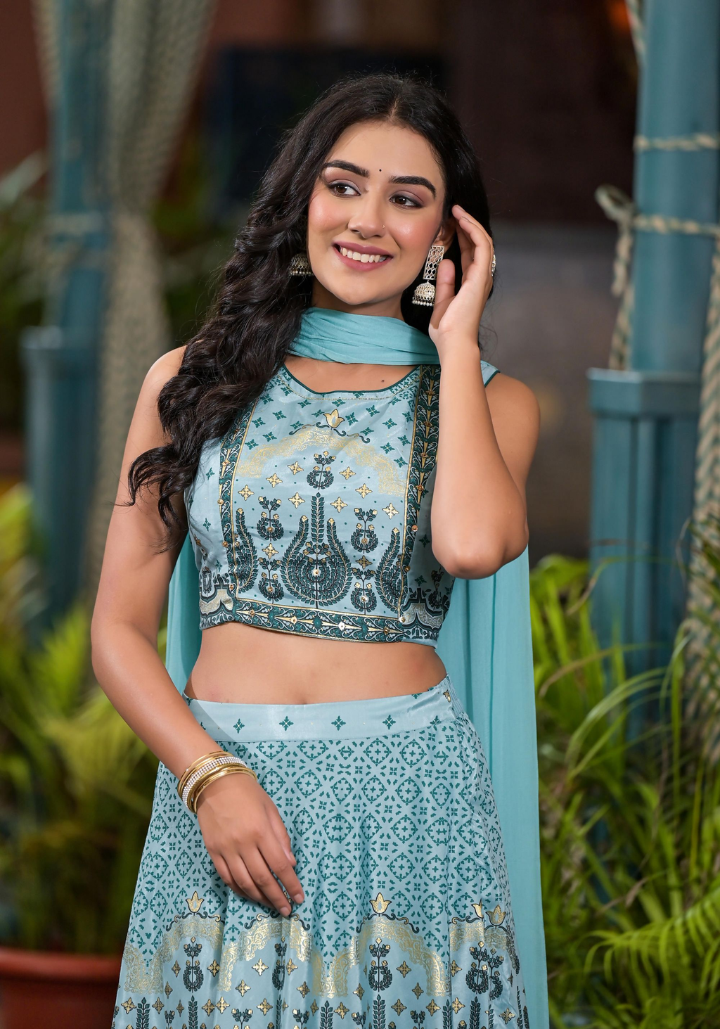 Juniper Women's Aqua Ethnic Motif Printed Lehenga Set With Sequins & Gota Patti | Grocsy