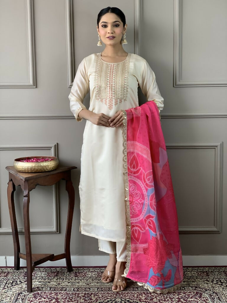 White Viscose Chanderi Stitched Suit With Dupatta - Tanisha | Grocsy