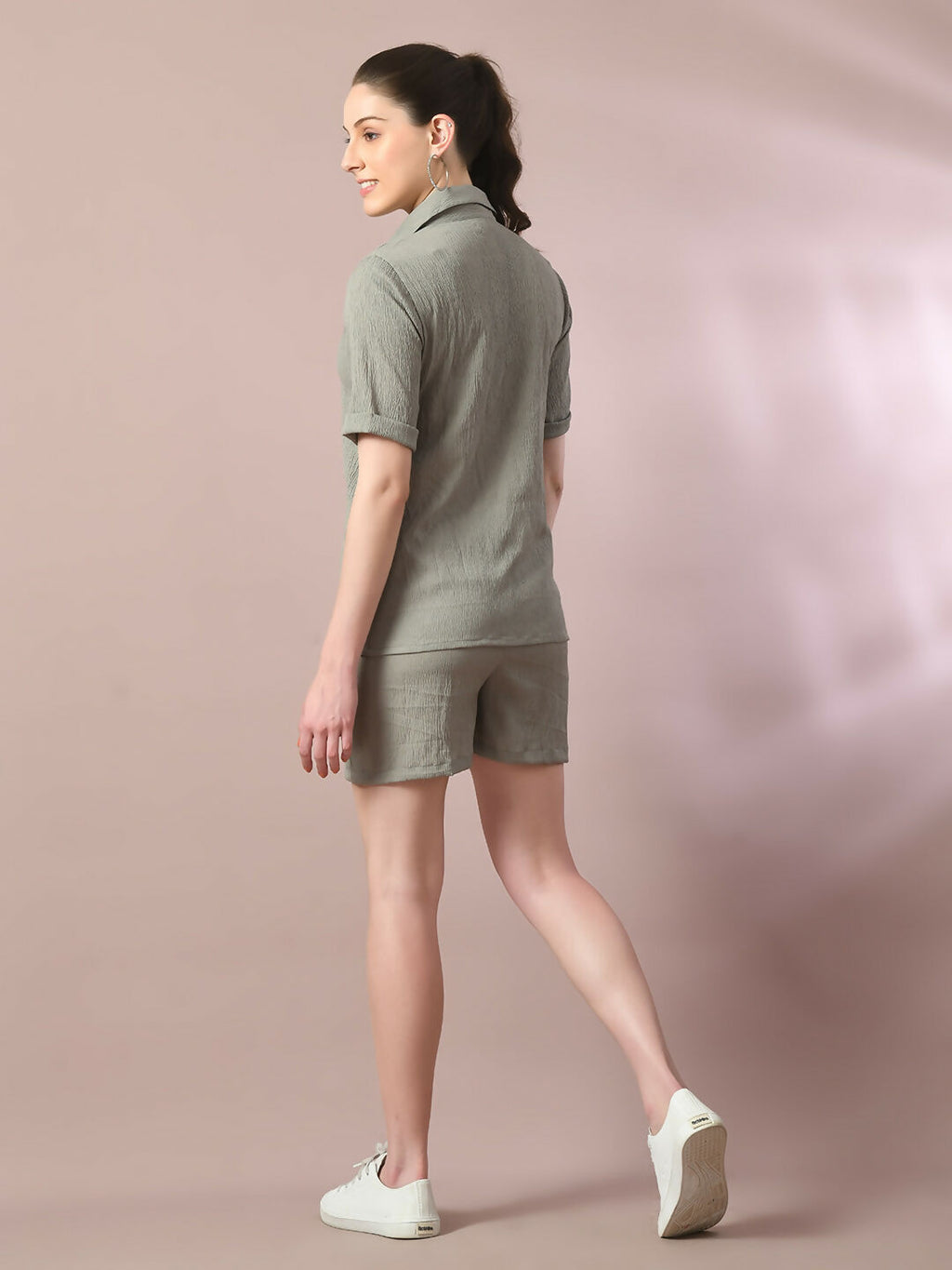 Myshka Women's Grey Solid Shirt Collar Party Shirt With Shorts Co-ord set | Grocsy