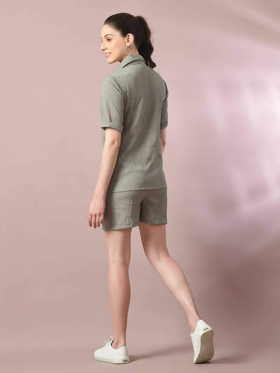 Myshka Women's Grey Solid Shirt Collar Party Shirt With Shorts Co-ord set | Grocsy
