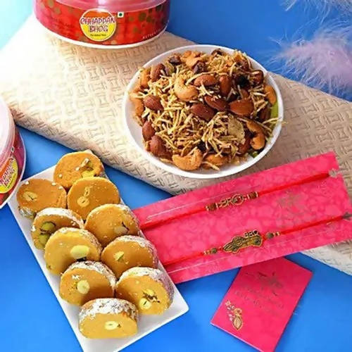 2 Antique Bro Rakhis & Dry Fruit Dalmoth Hamper | Grocsy