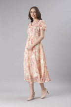 Souchii Cream & Red Floral Printed Fit & Flare Dress | Grocsy