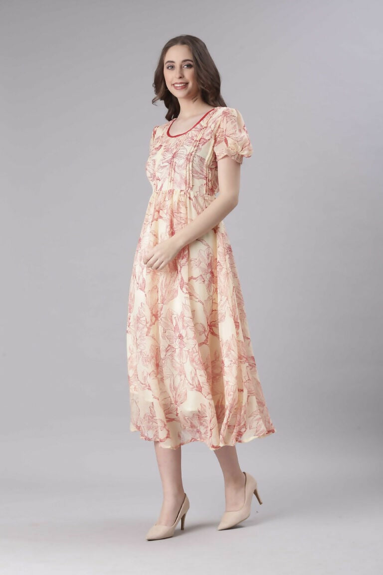 Souchii Cream & Red Floral Printed Fit & Flare Dress | Grocsy