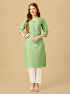 Jyoti Fashion Women's Lime Green Cotton Blend Embroidered Kurta Pant Set | Grocsy