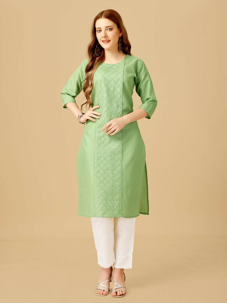Jyoti Fashion Women's Lime Green Cotton Blend Embroidered Kurta Pant Set | Grocsy