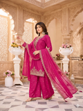 Teeya Creation Womens New Stylish Silk Embroidered Pink Sharara Suit With Golden Zari Work And Lace Border Dupatta | Grocsy