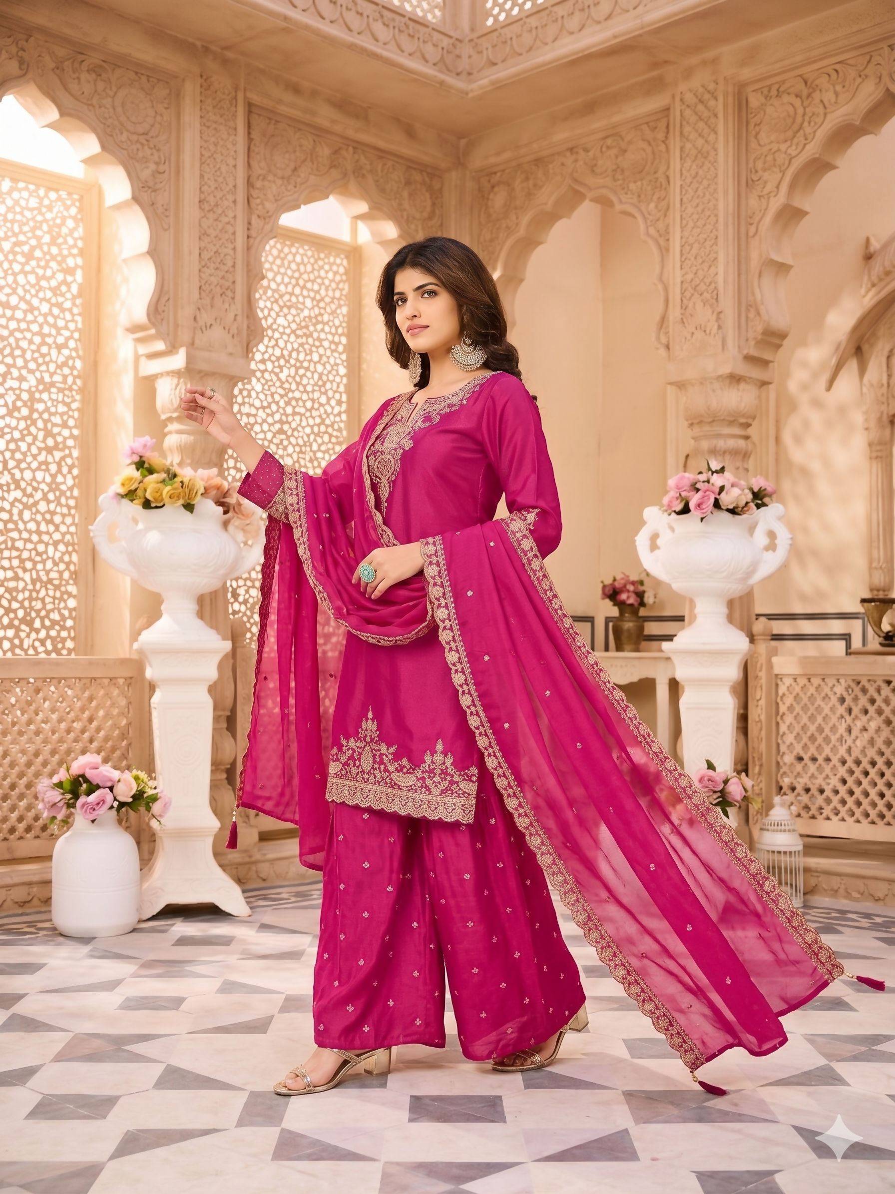 Teeya Creation Womens New Stylish Silk Embroidered Pink Sharara Suit With Golden Zari Work And Lace Border Dupatta | Grocsy