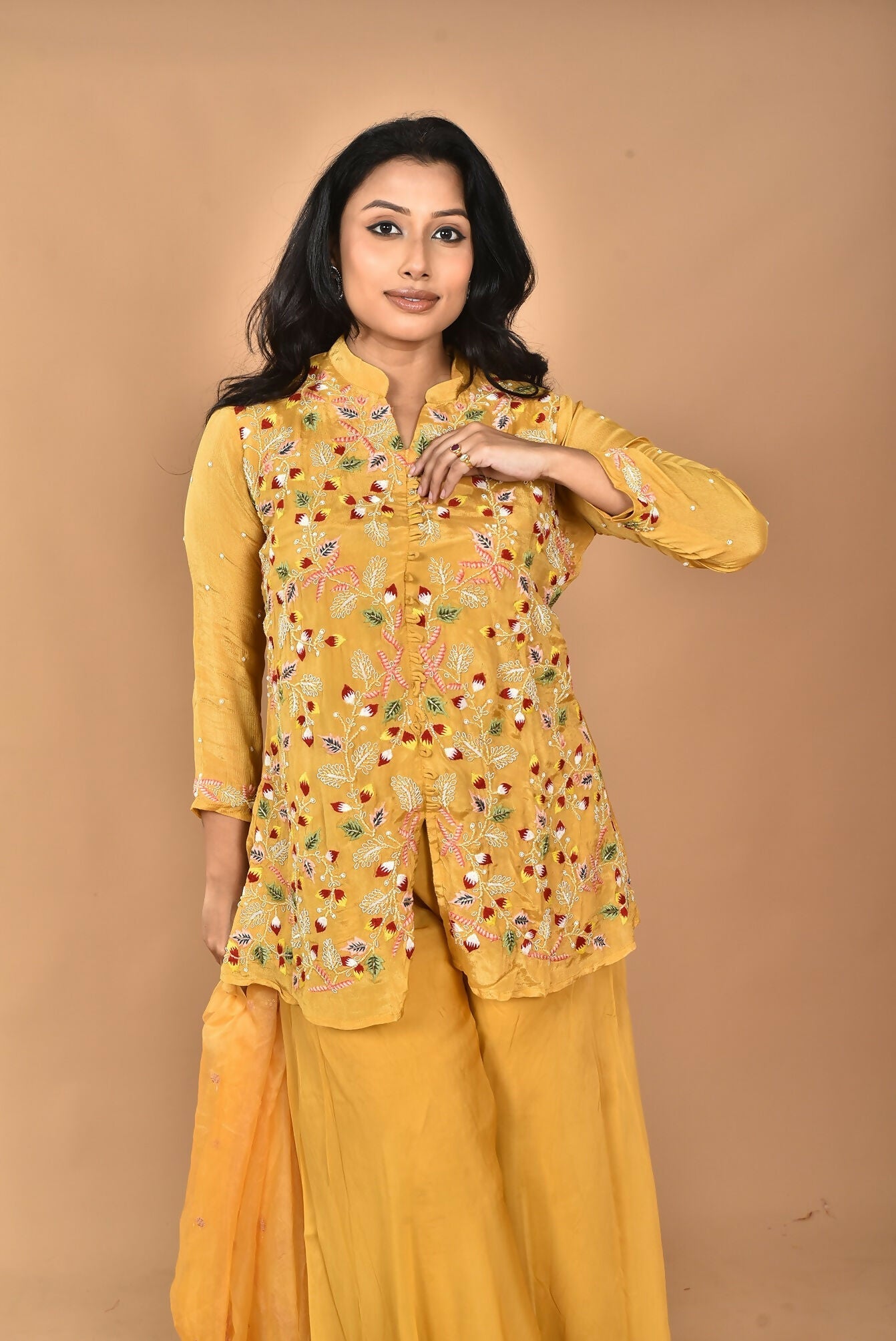Morchari Women And Hand Embroidery Palazzo Set-Yellow | Grocsy