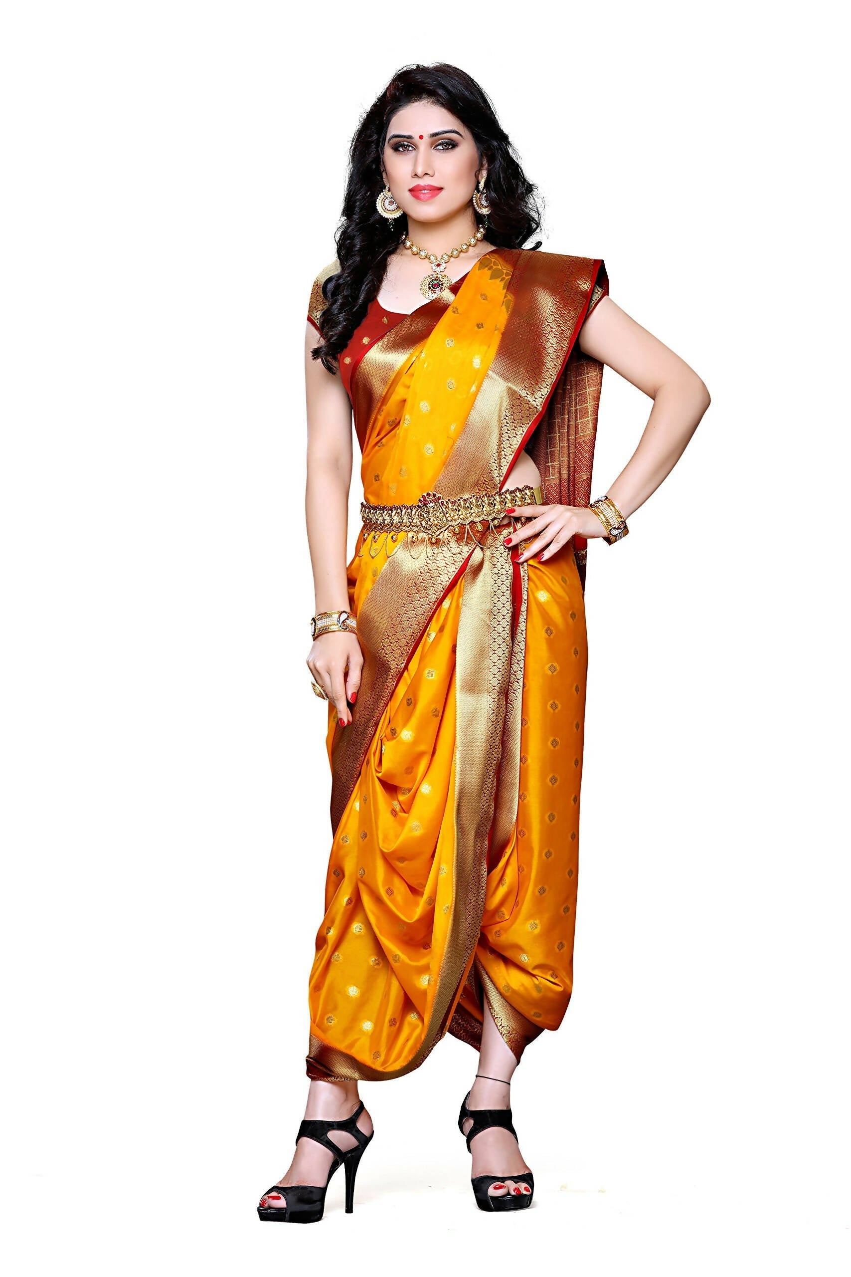 Mimosa Women's Traditional Crepe Kanjivaram Silk Gold Saree | Grocsy