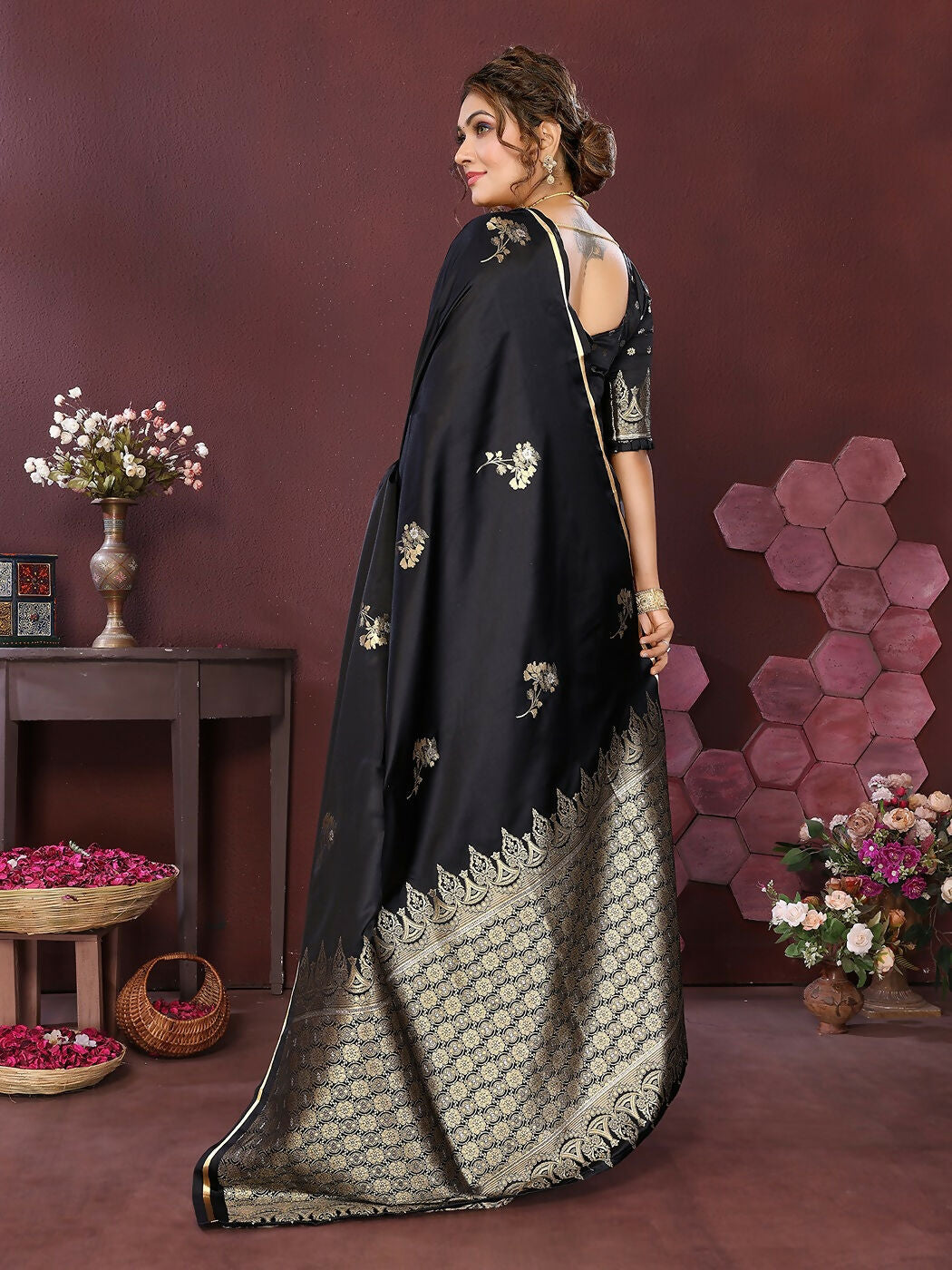 Joban Fashion Black Floral Banarasi Silk Sarees | Grocsy
