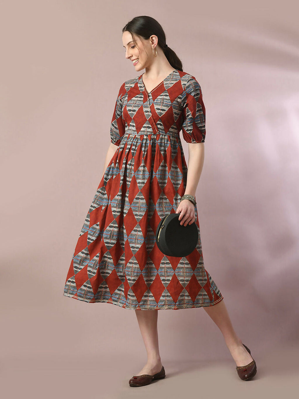 Myshka Women's Multi Printed Cotton V-Neck Empire Party Dress | Grocsy