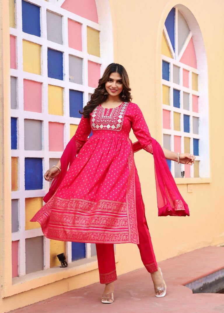 Alvano Women's A-line Naira Cut Embroidery work Print Kurti with Pant and Dupatta set Rayon (Red) | Grocsy