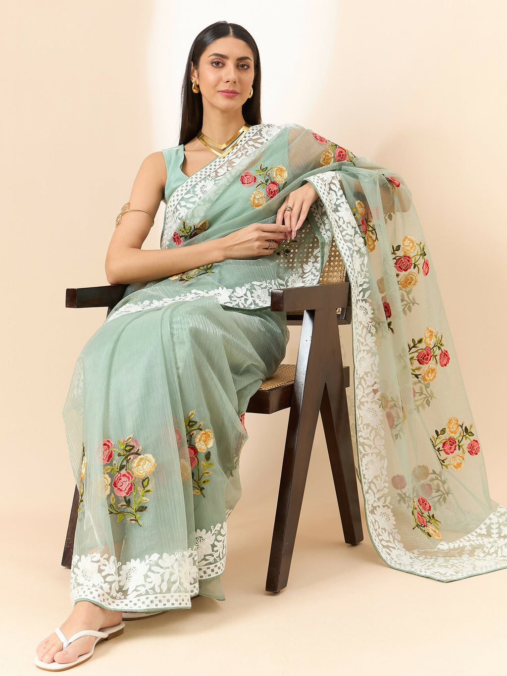 Green Organza Floral Embroidered Saree with Unstitched Blouse Piece - Roozal | Grocsy