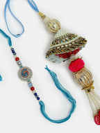 NVR Women & Men Set of 2 Blue Kundan-Studded & Beaded Bhaiya Bhabhi Rakhi With Roli Chawal & Chocolate | Grocsy
