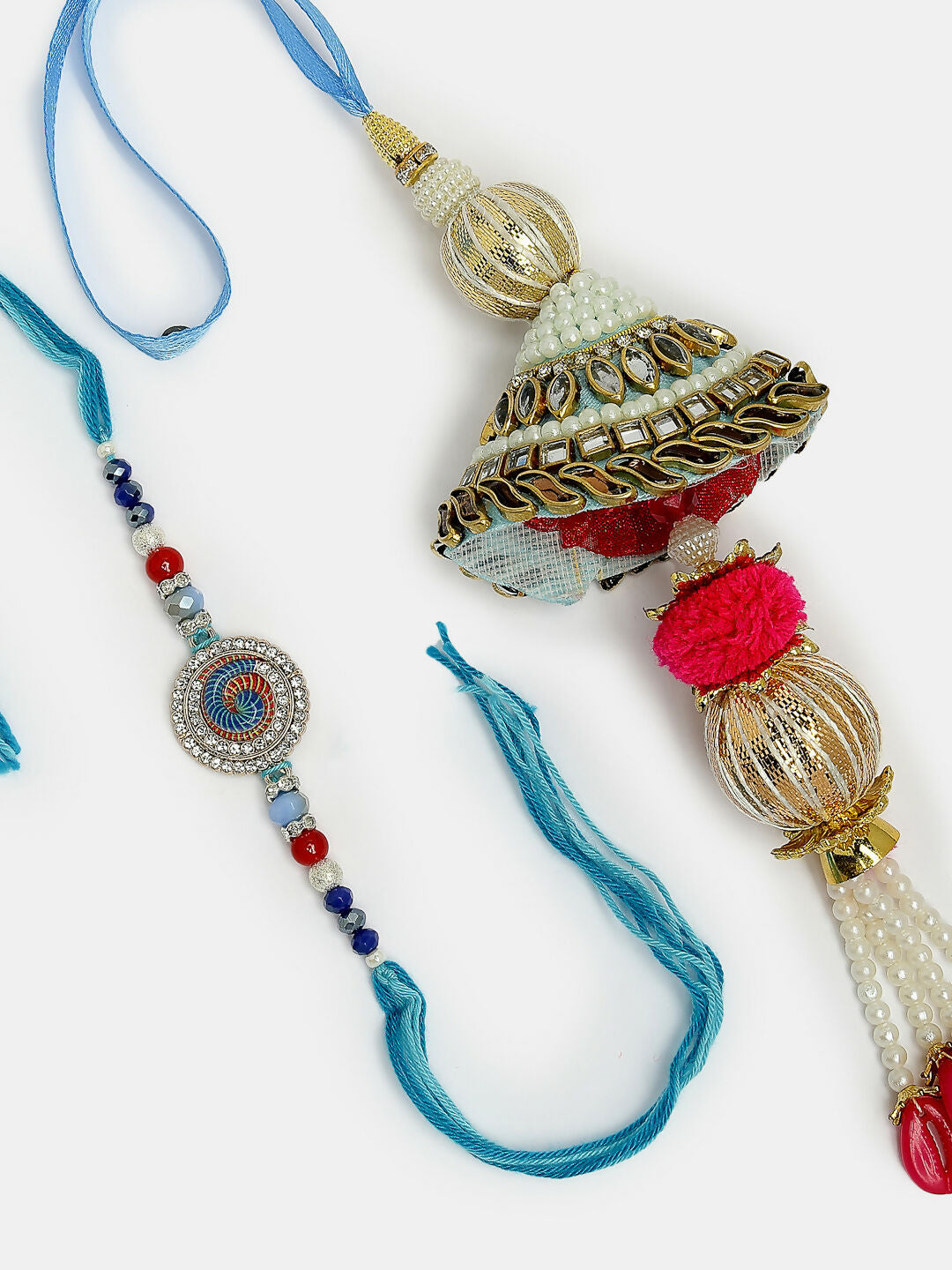 NVR Women & Men Set of 2 Blue Kundan-Studded & Beaded Bhaiya Bhabhi Rakhi With Roli Chawal & Chocolate | Grocsy