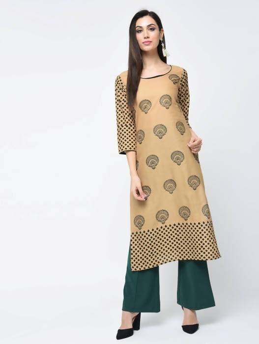 Aniyah Cotton Block Printed Beige Straight Kurta (AN-126K) | Grocsy