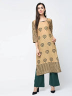 Aniyah Cotton Block Printed Beige Straight Kurta (AN-126K) | Grocsy