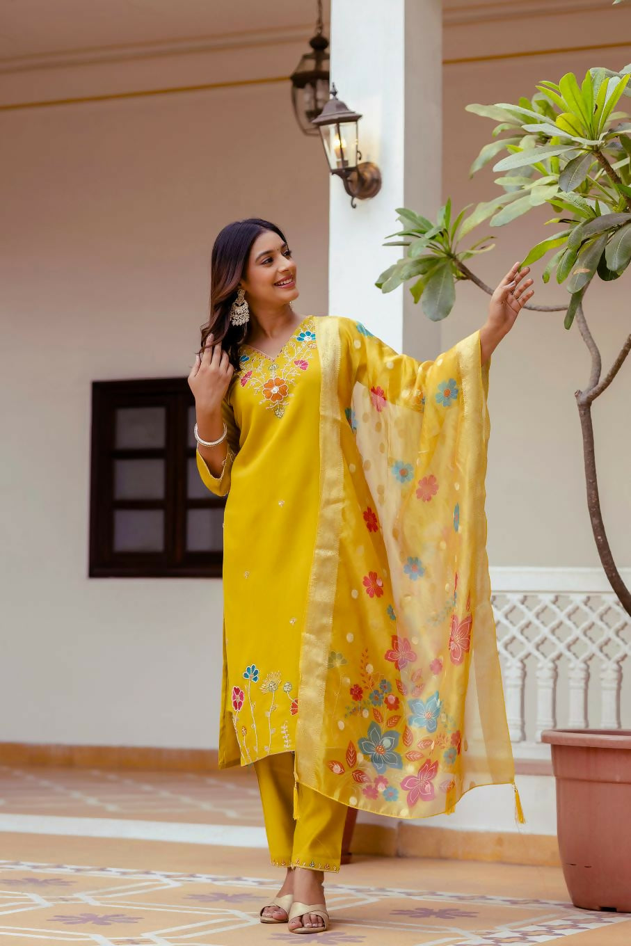 The52 Yellow Women's Gorgeous Embroidered work Viscose Gadhwal Fabric Straight Kurta, Pant and Dupatta Set | Grocsy