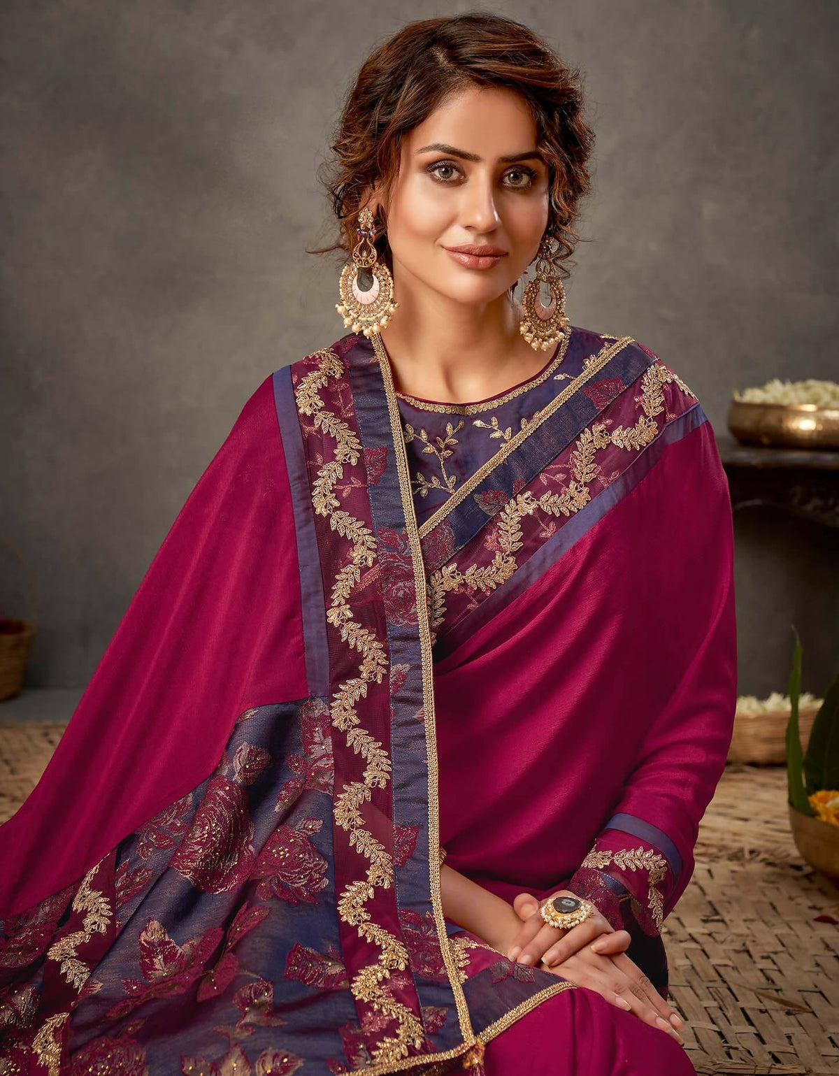 Deep Magenta And Purple Silk Georgette Cord And Sequins Embroidery Saree - Norita Arinya | Grocsy