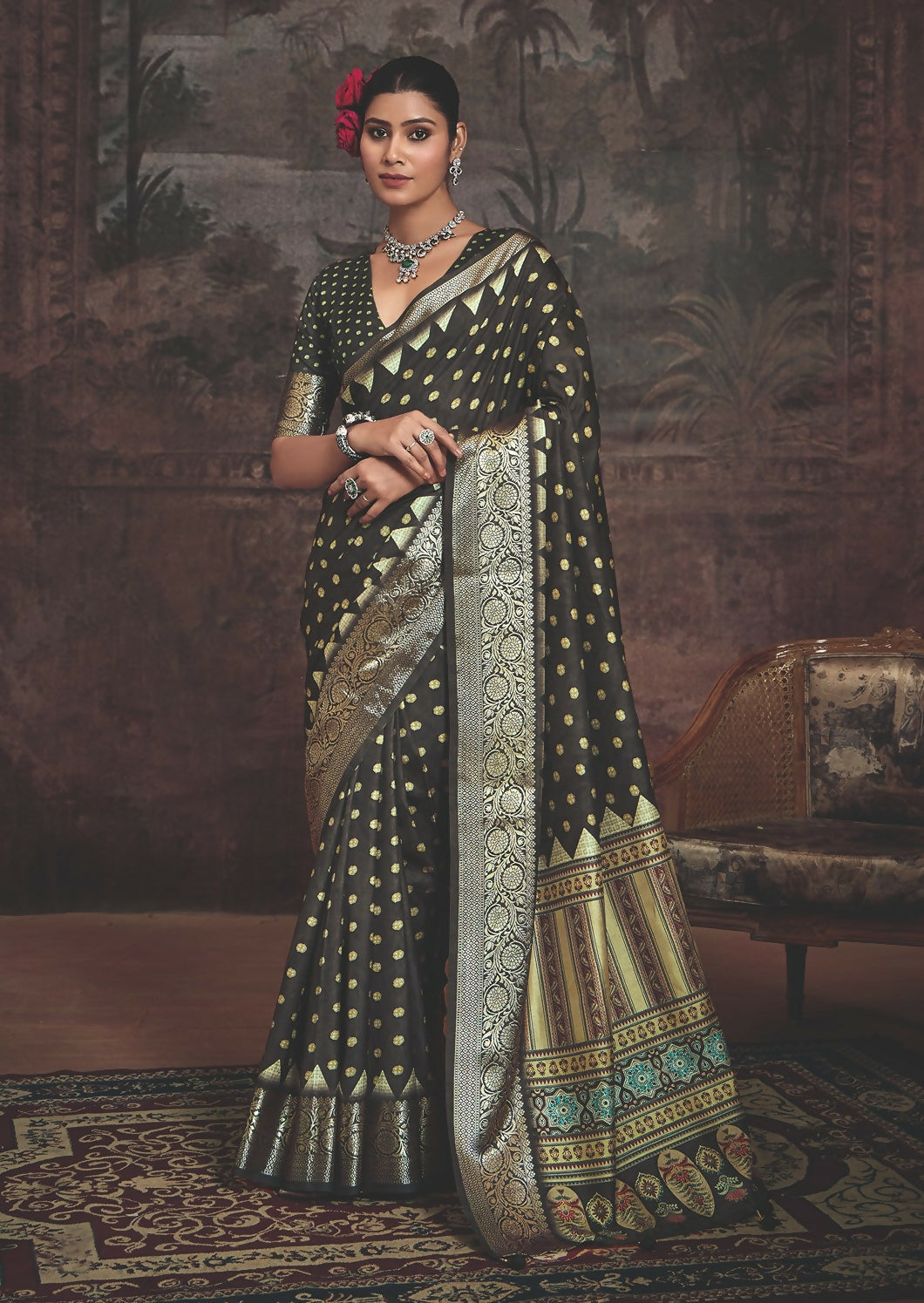 Joban Fashion Black Art Silk With Fine Viscose Border Ajrak Full Body Print With Soft Finish Saree | Grocsy