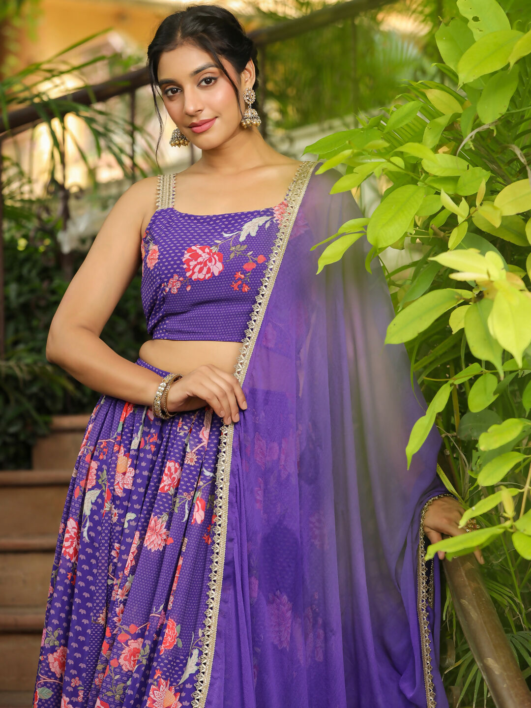 Janasya Purple Georgette Floral Lehenga Choli Dupatta | Grocsy