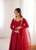 The52 Women's Gorgeous Embroidery Work Roman Silk Chanderi Fabric Flared Anarkali Pant and Dupatta Set-Maroon | Grocsy