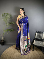 Joban Fashion Royal Blue Peacock & Floral Motifs Soft Silk Kanchipuram Saree | Grocsy