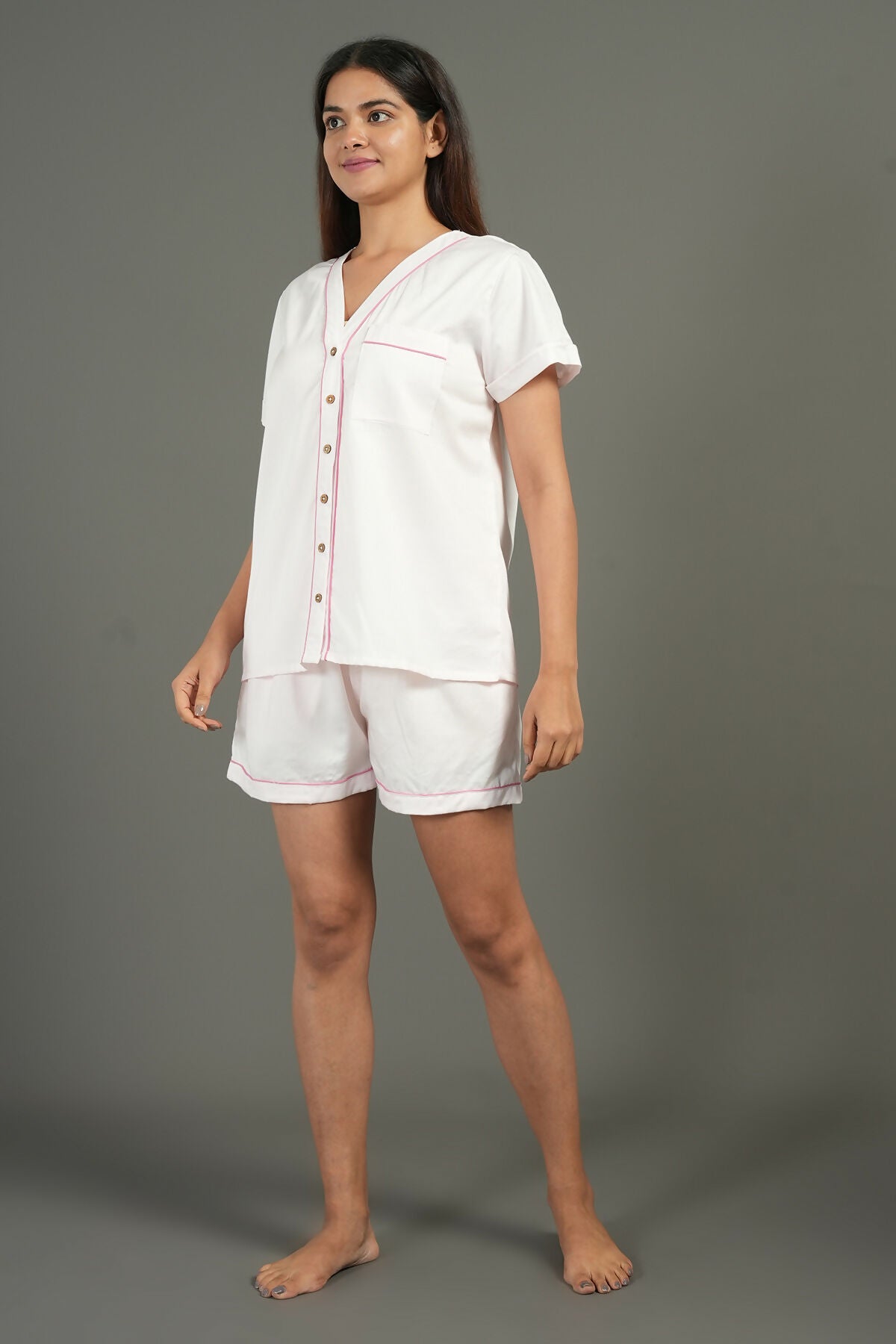 Breathables Women Cotton Night Suit Shirt And Shorts Co-Ord Set I Nightwear | Loungewear Set In Solid Colours | Grocsy