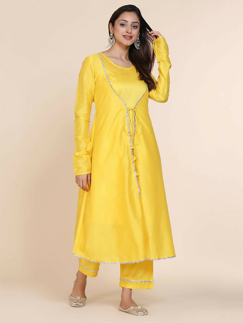Cheera Women's Yellow Silk Blend With Gota Work Double Layer Dress With Silk Straight Pant Set | Grocsy