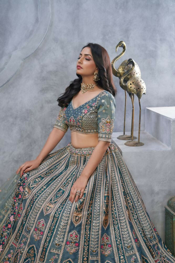 Kesar Fab Grey Organza Hand_Woven Lehenga | Grocsy